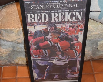 FREE SHIPPING  Chicago Blackhawks 2015 original newspaper custom framed solid rustic wood Stanley Cup champions Red Reign