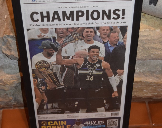Featured listing image: FREE SHIPPING Milwaukee Bucks 2021 NBA Champions Custom framed original newspaper deep profile frame