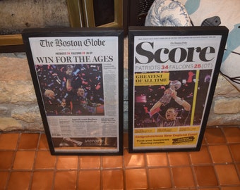 FREE SHIPPING 2 Set New England Patriots framed complete original 2017 newspapers Super Bowl LI Champions deep profile The Boston Globe