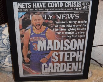 FREE SHIPPING Golden State Warriors  Stephen Curry NBA 3-Point Record Framed Complete New York Daily News Newspaper