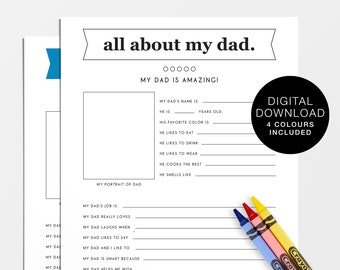 All About My Dad Printable Worksheet, Dad Questionnaire, Father's Day, Teacher Worksheet, Dad Birthday Letter, Kids Interview Form Digital