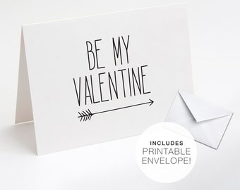 Be My Valentine Printable Card, Love Arrow, Printable Valentine, Love Note, DIY Card, Black and White, Envelope, Valentine's Day Card