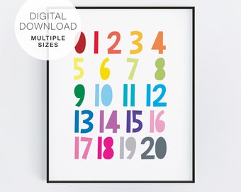 Numbers Nursery Art, 1-20 Numbers  Printable, Colourful Number Art, 123 Poster, Counting Kids Room, Toddler Print, Toddler Room Art Print