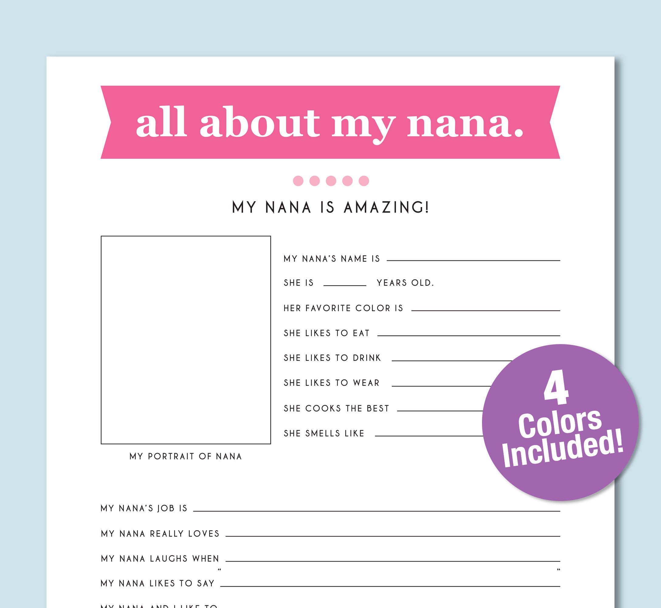 All About My Nana Kid s Worksheet Grandma Birthday Etsy All About My Nana Kid s Worksheet Grandma Birthday Etsy