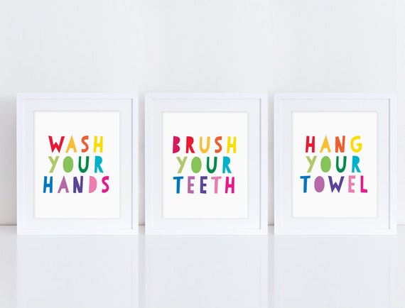 Wash Your Hands Brush Your Teeth Hang Your Towel Kids Bathroom Printable Sign Kids Bathroom Signs Bathroom Decor Set Of 3 Printables