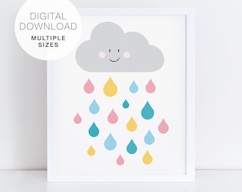Rain Cloud Drops Printable Art, Colorful Nursery Art, Wall Art, Kids Poster, Printable Art, Raincloud, Digital Download, Cute Kids Poster