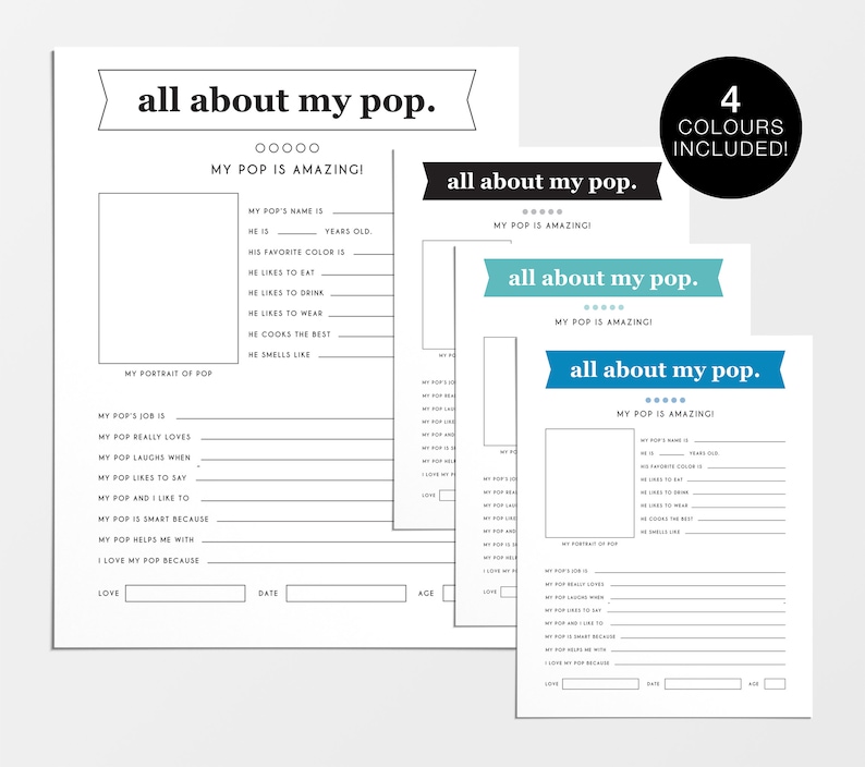 All About My Pop Kid's Worksheet Pop Birthday Grandpa | Etsy Canada