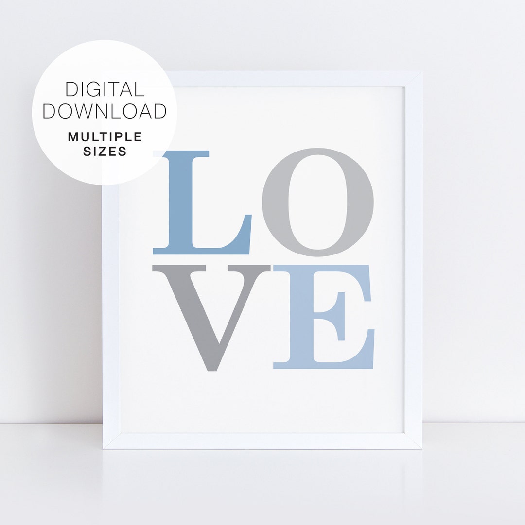 Love Word Art Printable, Baby Blue and Grey Nursery Art, Blue and Grey