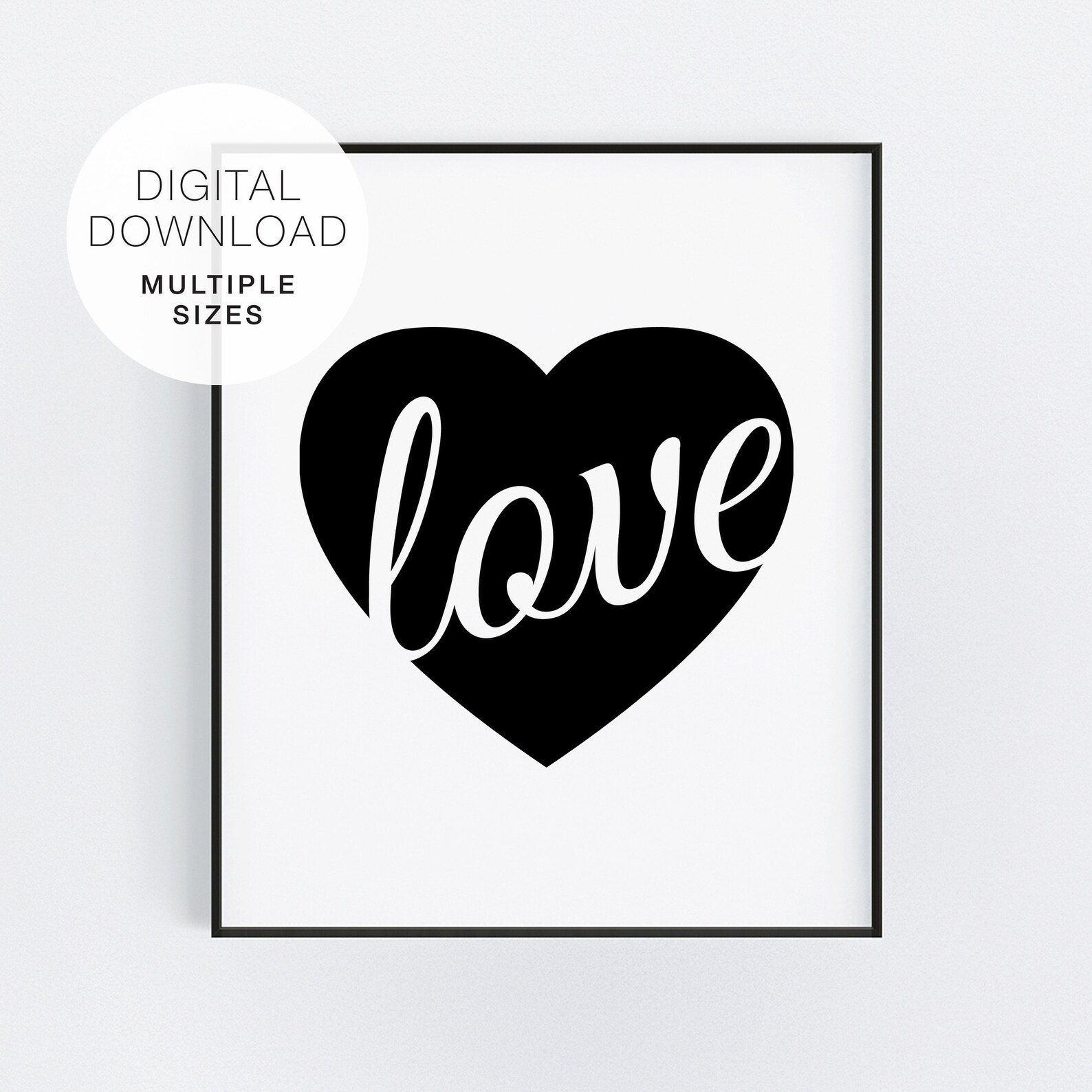Love Heart Typography Word Art Black and White Printable | Etsy