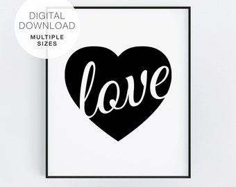 Love Heart Typography Word Art, Black and White Printable, Black Heart Digital Download, Love Printable, Wedding Sign, Love Wedding Poster