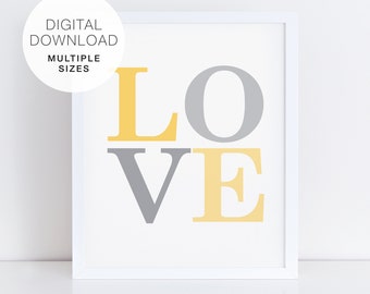 LOVE Art Print, Love Word Art, Love Printable, Yellow and Grey Art Print, Wedding Sign, LOVE wedding poster, Love Nursery Art, Yellow Decor