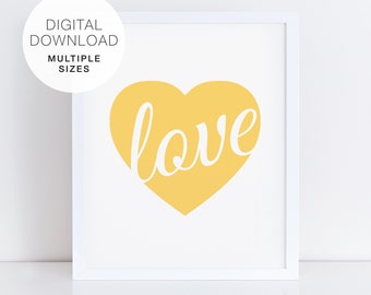 Yellow Heart Love Wall Decor, Printable Yellow Heart, Yellow and White Nursery Art, Gender Neutral Baby Decor, Gender Reveal Yellow Theme