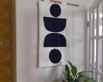 Modern Minimalist Quilted Wall Hanging, Dark Blue Ivory Geometric Textile Art