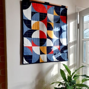 Handmade quilted wall hanging, patchwork wall hanging, retro style wall quilt, mid century style patterned wall hanging, quilted wall art