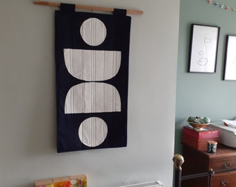 Modern Minimalist Quilted Wall Hanging, Navy Ivory Geometric Textile Art