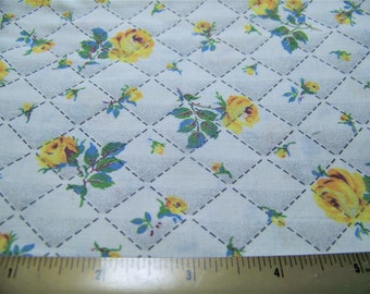 Vintage Cotton Fabric 1940'S ROSE LATTICE FLORAL Yellow Green Blue Brown Grey Black White 70" Wide By 70" L Quilt Backing Quilting Inv10