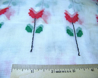 1950s Embroidered Open Weave Cotton Fabric: Tulip Floral, Red, Green, 38" x 48" Inv50