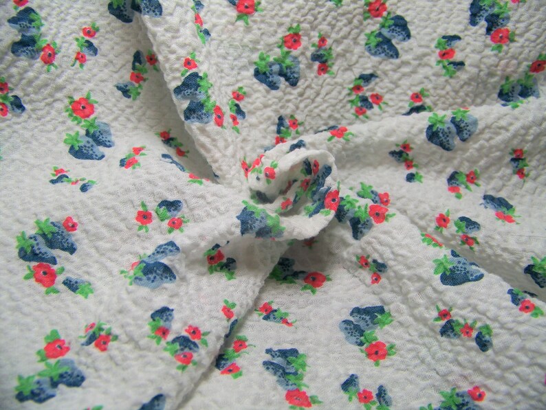 Vintage 1930/'s Cotton Seersucker Fabric STRAWBERRY FLORAL Blues Red Green White 31 Wide x 35 Long Quilting Glamping Rockabilly InvAm