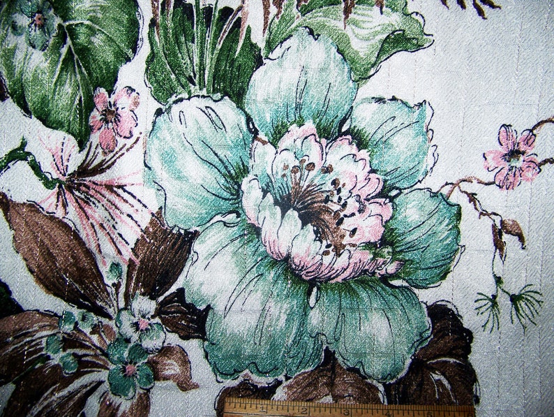 Vintage Fabric 1950/'s Cotton Barkcloth LARGE FLORAL Turquoise Pink Greens Metalic Gold Browns White 48 x 36 Decoration Pillows Totes InvC