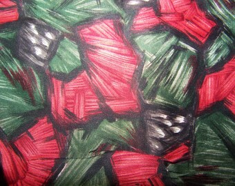 1970s Mod Geometric Silky Fabric: Red, Green, Black - 44"x39" Inv10