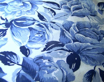 1960s BLUE ROSE FLORAL Cotton Fabric: 44" x 44" Vintage Sewing Quilting Material Inv50