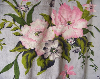 1950's Cotton MCM Barkcloth Fabric LARGE FLORAL 46" W X 84" L Inv50
