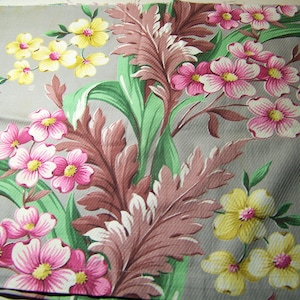 1950s Floral Barkcloth Fabric: Pink, Yellow, Green - 16x42&quot; InvF