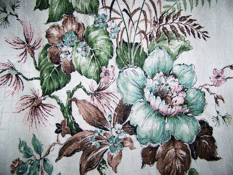 Vintage Fabric 1950/'s Cotton Barkcloth LARGE FLORAL Turquoise Pink Greens Metalic Gold Browns White 48 x 36 Decoration Pillows Totes InvC