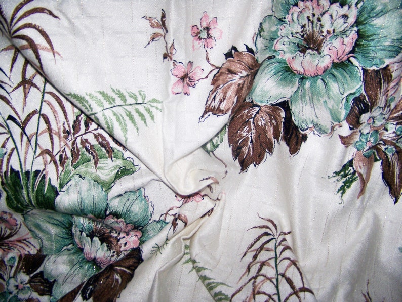 Vintage Fabric 1950/'s Cotton Barkcloth LARGE FLORAL Turquoise Pink Greens Metalic Gold Browns White 48 x 36 Decoration Pillows Totes InvC