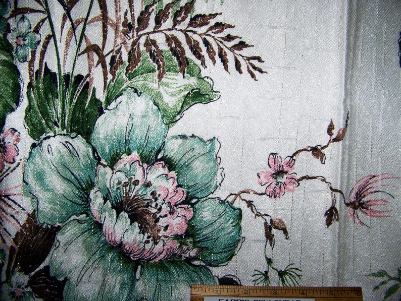 Vintage Fabric 1950/'s Cotton Barkcloth LARGE FLORAL Turquoise Pink Greens Metalic Gold Browns White 48 x 36 Decoration Pillows Totes InvC