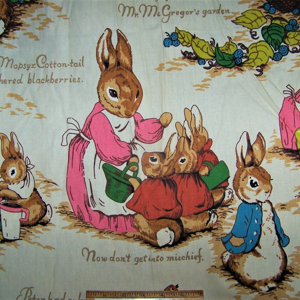 Vintage Beatrix Potter PETER RABBIT 1970's Cotton Pinch Pleat Custom Curtain Panel 78" Wide By 42" Long Kids Room Nursery