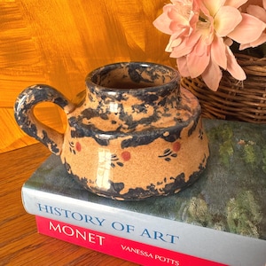 1991 Blue and Tan Sponge Ware, pequeño recipiente de cerámica esmaltada firmado