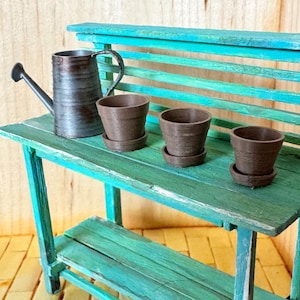 Vintage watering can & brown pots with drip plates  / 1:12 scale dollhouse miniature garden
