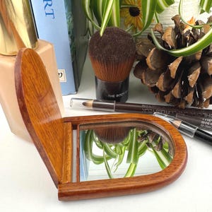 Small Wood Compact Mirror with Mother of Pearl Inlay