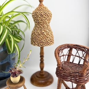 Miniature Wood Standing Dress Form/Mannequin Wrapped in Wicker