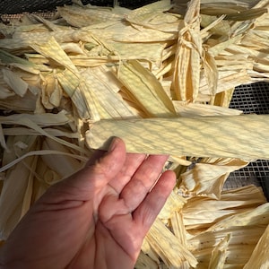 Op de afbeelding: Een verzameling gedroogde, lichtgele maïsbladeren met een vezelige, papierachtige textuur. De bladeren liggen in lagen over elkaar en vertonen natuurlijke kleurvariaties van licht crème tot bruin, met zichtbare nerven in de lengte.