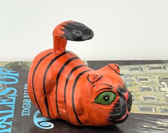 Folk Art Paper Mache Crouching Orange Cat Figurine - Handmade Collectible