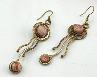 1 Paar Messingohrringe - Gemischte Materialien, Messing, rosa Rhodonit