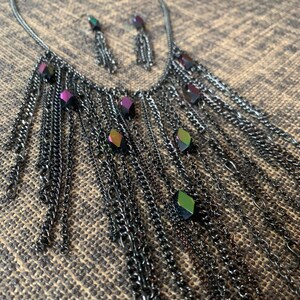 Vintage Black Beaded Chain Necklace Earrings Set Iridescent