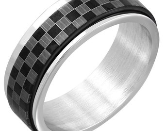 Stainless Steel Laser Print Checker// Grid Flat Band Ring