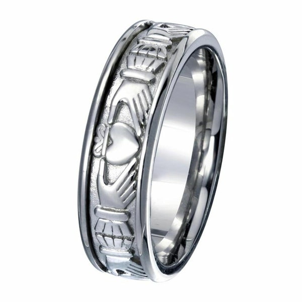 Men's 925 Sterling Silver Rhodium Plated Claddagh Band Ring