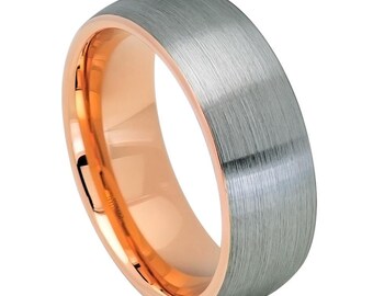 Domed Rose Gold Color Inside & Brushed Center Outside Tungsten Ring- Comfort Fit - Free engraving