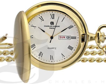 Charles-Hubert Paris Gold-Plated Satin Finish Hunter Case Quartz Pocket Watch