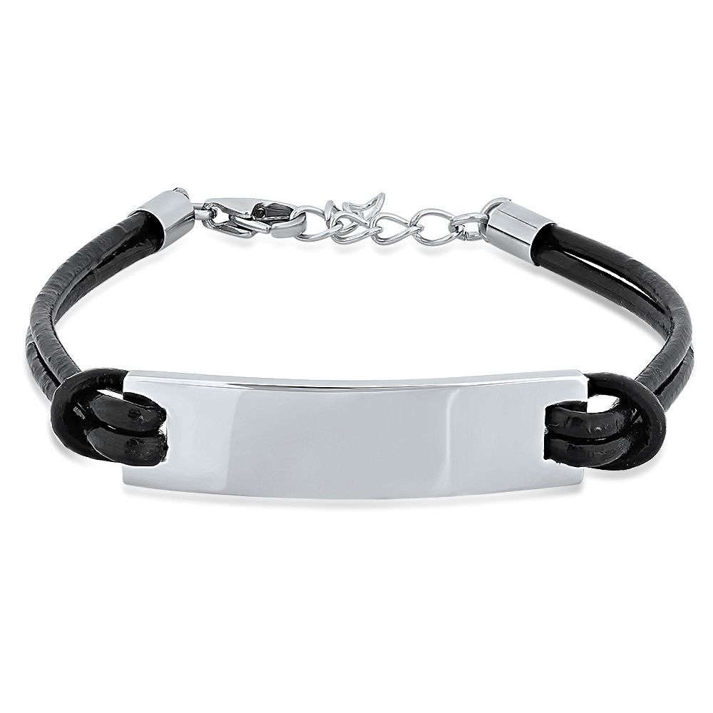 Personalized Black Leather ID Bracelet with Stainless Steel Etsy