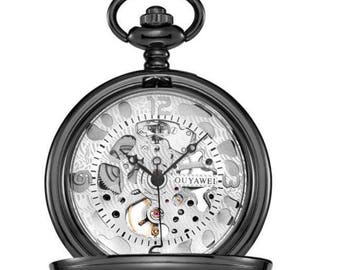 Mechanical Luxury Smooth Black Pocket Watch with White Dial