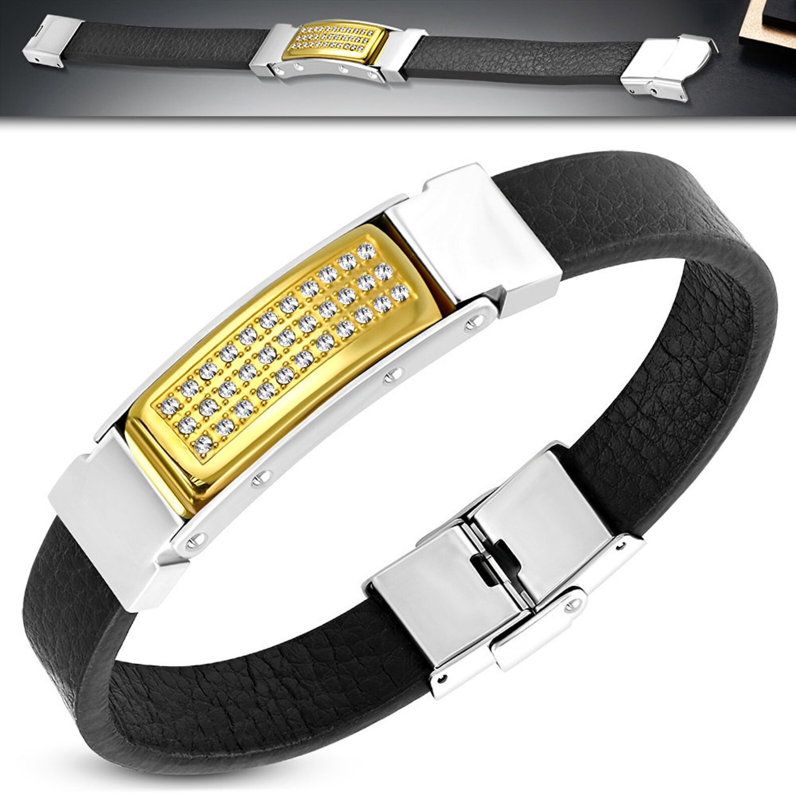 Black Leather Box Clasp Lock Bracelet W/ Stainless Steel Etsy