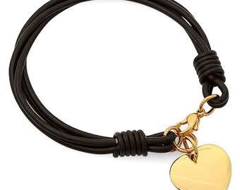 Personalized Gold Color Heart Charm Leather Bracelet-Free Engraving