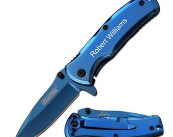 Free Engraving - All Blue Titanium Coated Stainless Steel Quality Pocket Knife