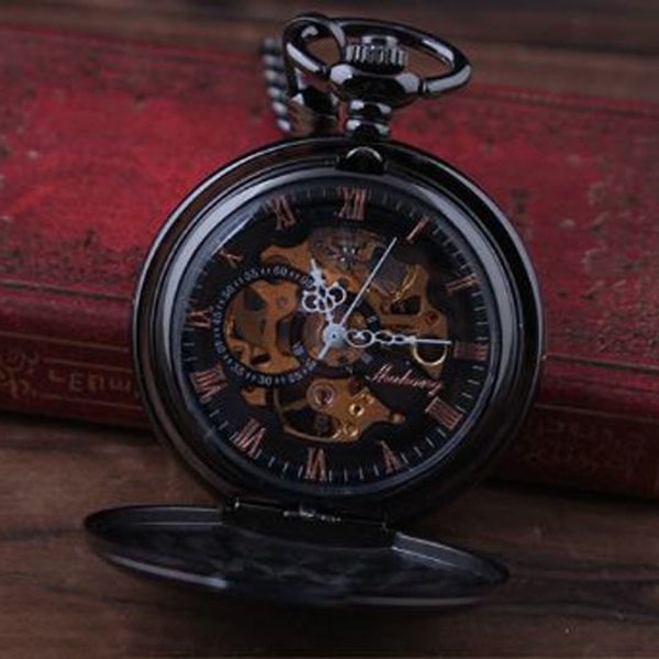 Montre de poche mécanique personnalisée en noir glacé de qualité - Gravure gratuite