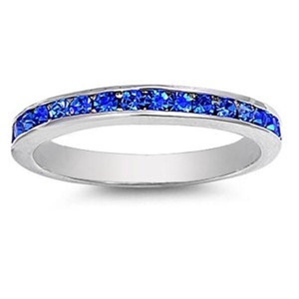 Personalized Sterling Silver eternity Ring Blue Sapphire CZ - Free Engraving